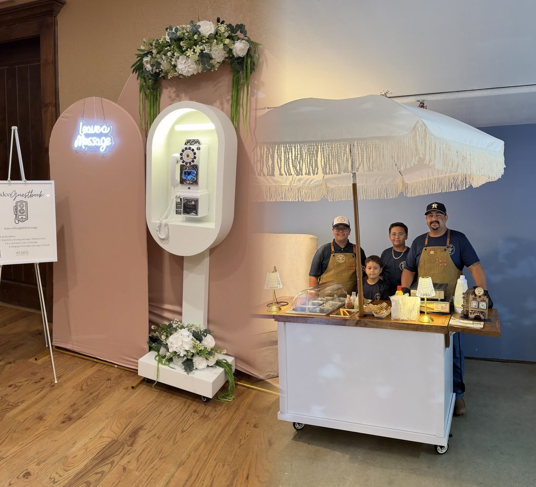 The video guestbook booth beside the Mini Stack Bros crew at the snack cart