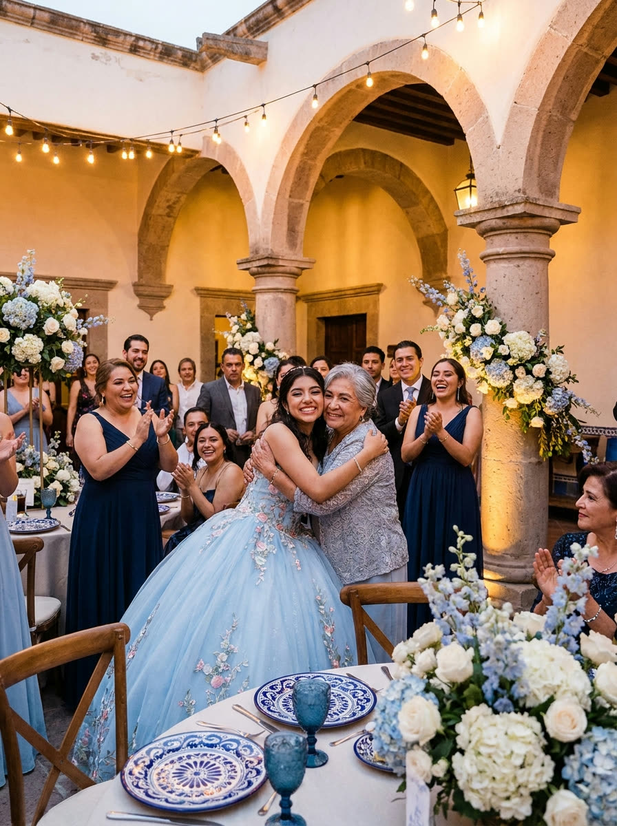 A quinceañera in a pale blue gown hugging her grandmother