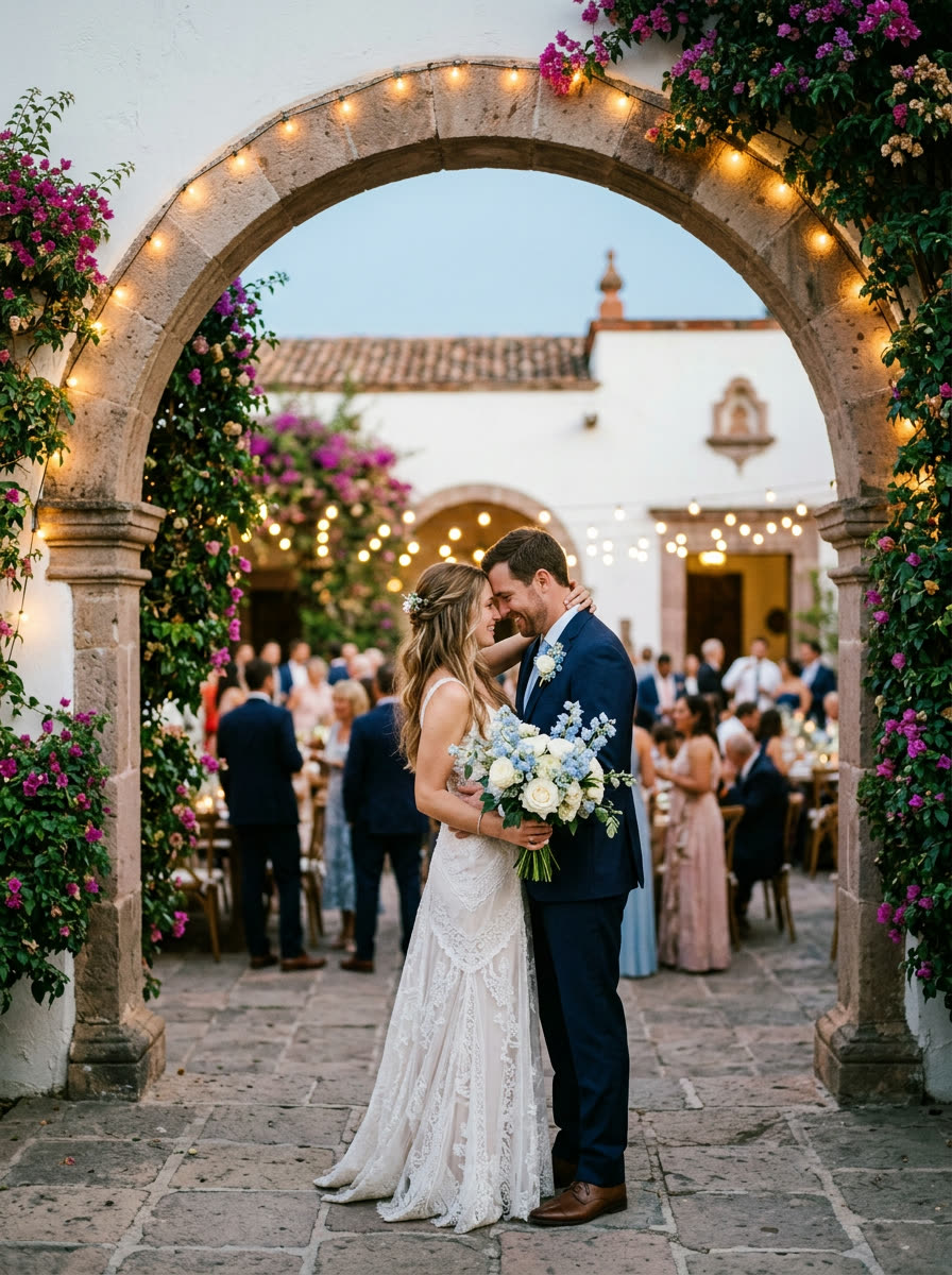 A bride and groom under a stone arch